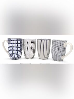 Set of 4 Blue and White WAYFAIR Patterned Ceramic Latge Coffee Mugs